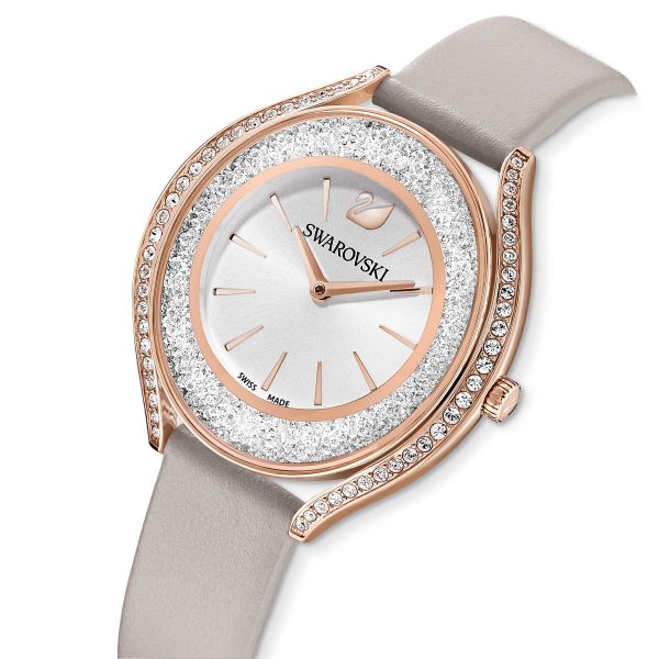 SWAROVSKI Crystalline Aura Watch, Leather Strap, Gray, Rose-Gold Tone; Swiss Made Hot on Sale