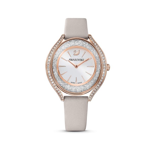 SWAROVSKI Crystalline Aura Watch, Leather Strap, Gray, Rose-Gold Tone; Swiss Made Hot on Sale