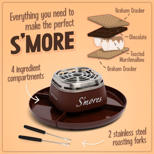 Nostalgia Tabletop Indoor Electric S mores Maker - Smores Kit With Marshmallow Roasting Sticks and 4 Trays for Graham Crackers, Chocolate, and Marshmallows - Movie Night Supplies - Brown Sale